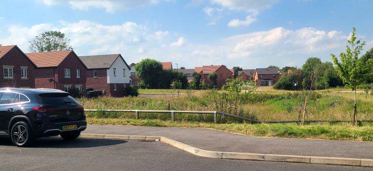 Houses in the background overlooking a green area with grass and trees.