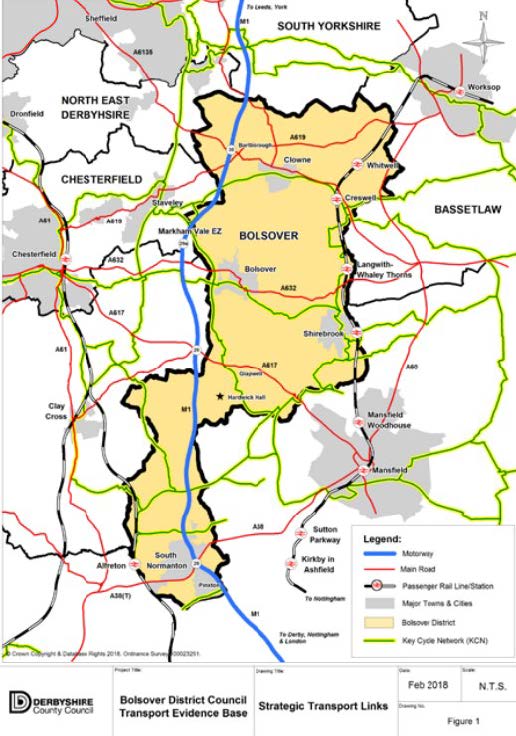 map showing bolsover district and strategic transport links