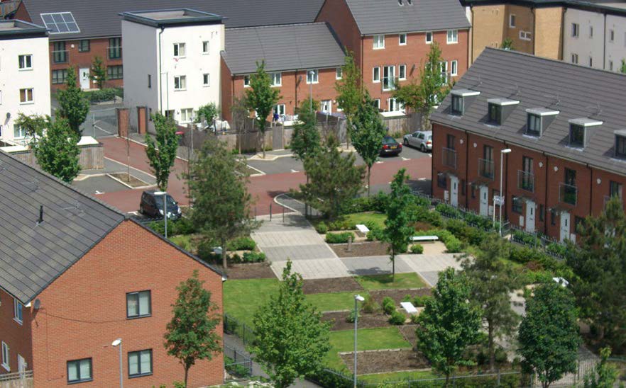 aerial view of housing estate with an area of greenery