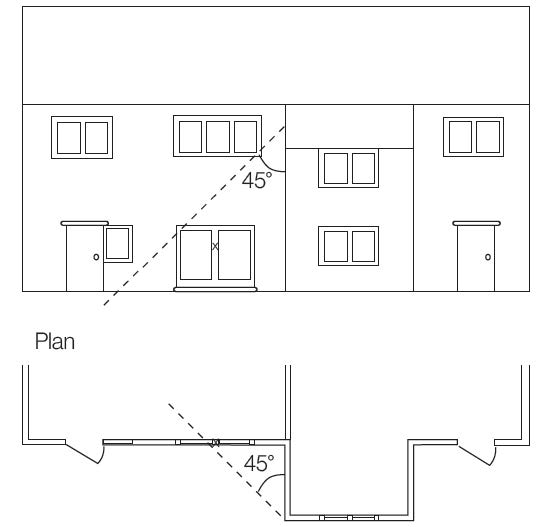 diagram showing the 45 degree angle rule for an extension with a pitched roof.