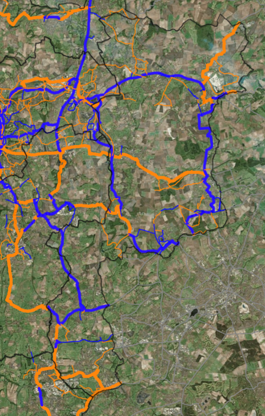 satellite image of Bolsover district showing proposed and current cycle routes