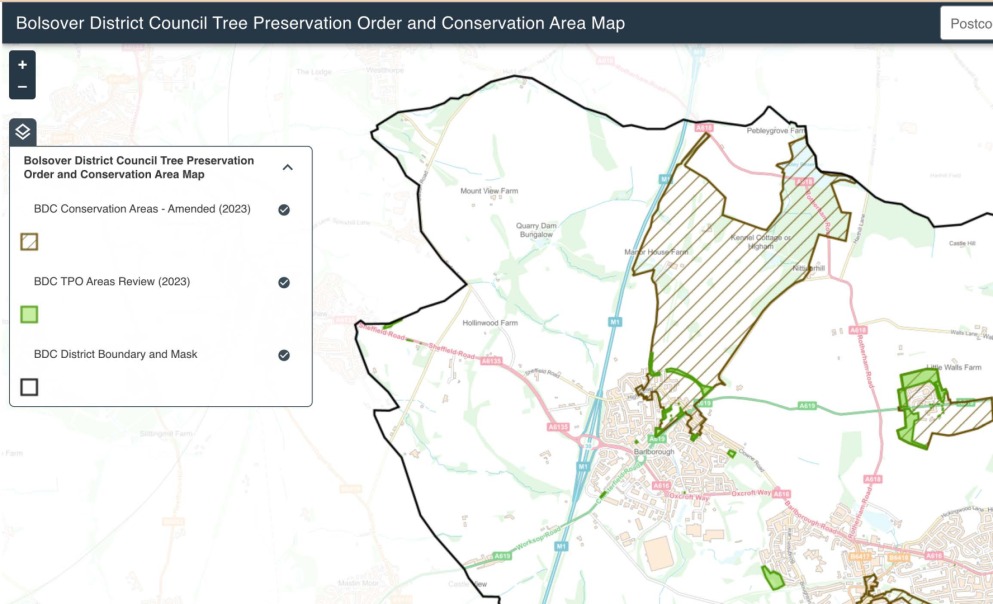 Map showing Bolsover District Council Tree Preservation Order and Conservation Area boundaries. Black outline marks district boundary, green outlines indicate TPO review areas, brown hatched zones show amended conservation areas from 2023.