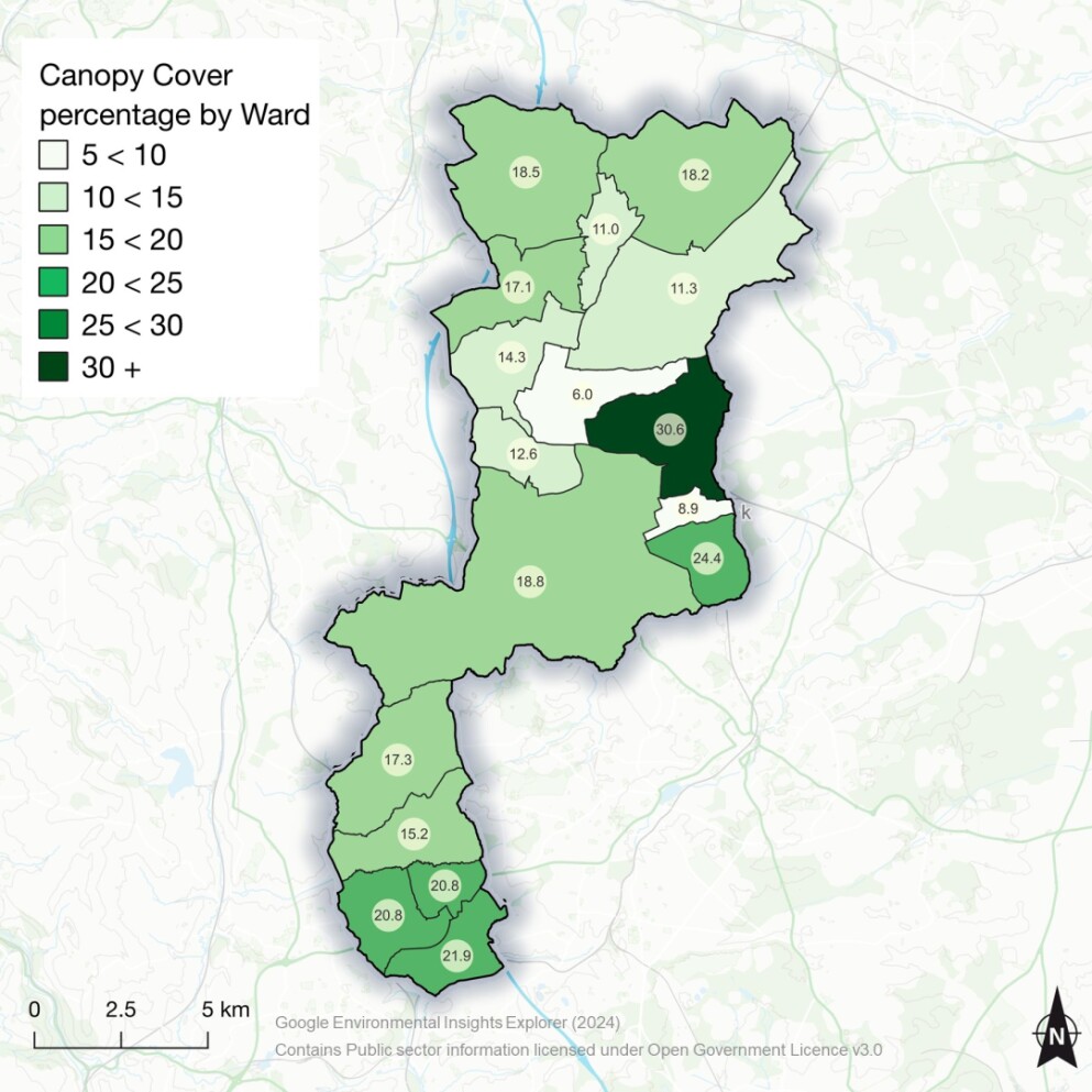 Map showing canopy cover percentage by ward in a city, with color shading from light to dark green representing increasing canopy cover. Numbers indicate exact percentages for each ward, ranging from 6.0% to 30.6%. Ward boundaries are outlined, and a legend is present in the upper left corner. A north arrow and scale bar are included.