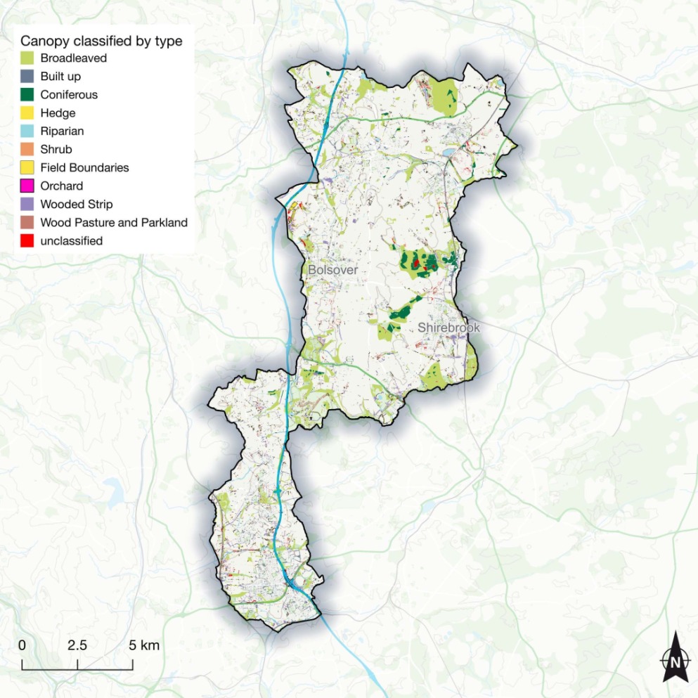 Map showing canopy types in Bolsover and Shirebrook areas, with classifications including broadleaf, built-up, coniferous, hedge, riparian, shrub, field boundaries, orchard, woodland strip, wood pasture and parkland, and unclassified.