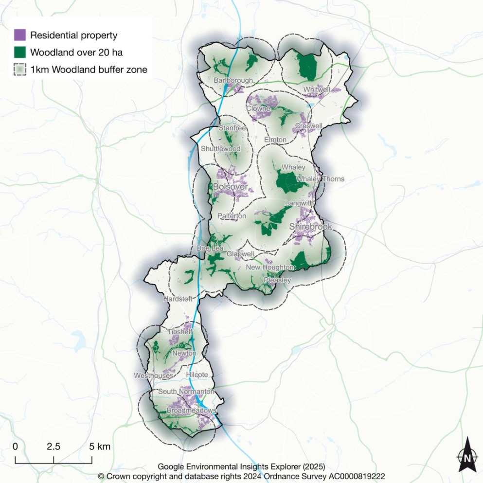 Map showing residential properties in purple, woodland areas over 20 hectares in dark green, and a 1 km woodland buffer zone in dashed green around the region with labeled towns such as Barlingborough, Whitwell, Clowne, Creswell, Elmeton, Whaley Thorns, Langwith, Shirebrook, Pleasley, New Houghton, Tibshelf, Newton, Westhouses, South Normanton, Broadmeadows, Pilsley, Glapwell, Palterton, Bolsover, Shuttlewood, Stanfree, and Hardstorf. Black outline indicates the study area boundary.