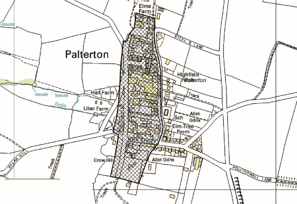 A detailed map of Palterton showing the layout of streets, farms, and various land features, with highlighted areas and labels such as Highfield Farm, Elm-Tree Farm, Lilac Farm, and areas marked as Allot Gdns. Roads like Steel's Lane and Poulterwell Lane are visible, along with tracks and drainage issues.