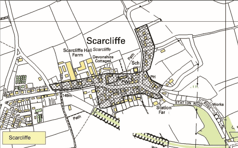 Map of Scarcliffe showing streets, buildings, and landmarks including Scarcliffe Hall, Scarcliffe Farm, Devonshire Cottages, a school, a health centre, a station, and various paths and roads.