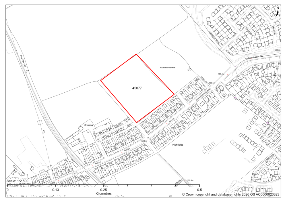Map showing Site 45077, Land behind 289 to 339 Williamthorpe Road, Holmewood