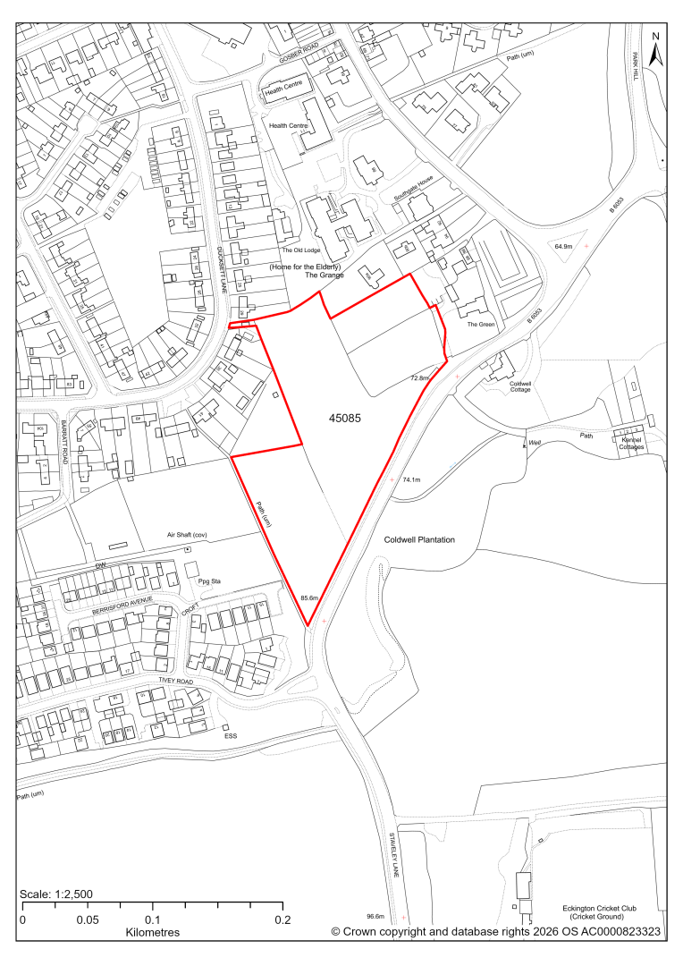 Map showing Site 45085, East of Ducksett Lane and west of Staveley Lane, Eckington