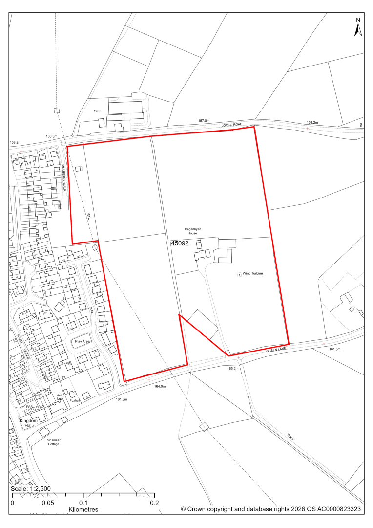 Map showing Site 45092, Tregarthyan House Green Lane and land adjacent to Mulberry Walk, Lower Pilsley, Derbyshire