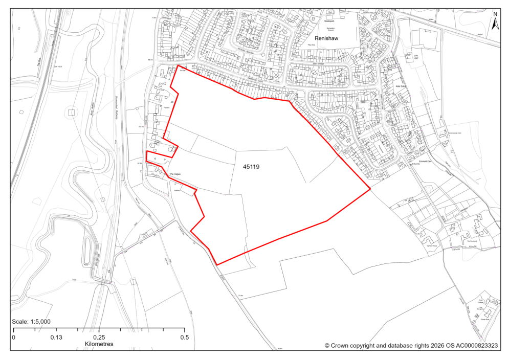 Map showing Site 45119, Land off Hague Lane, Renishaw, Derbyshire