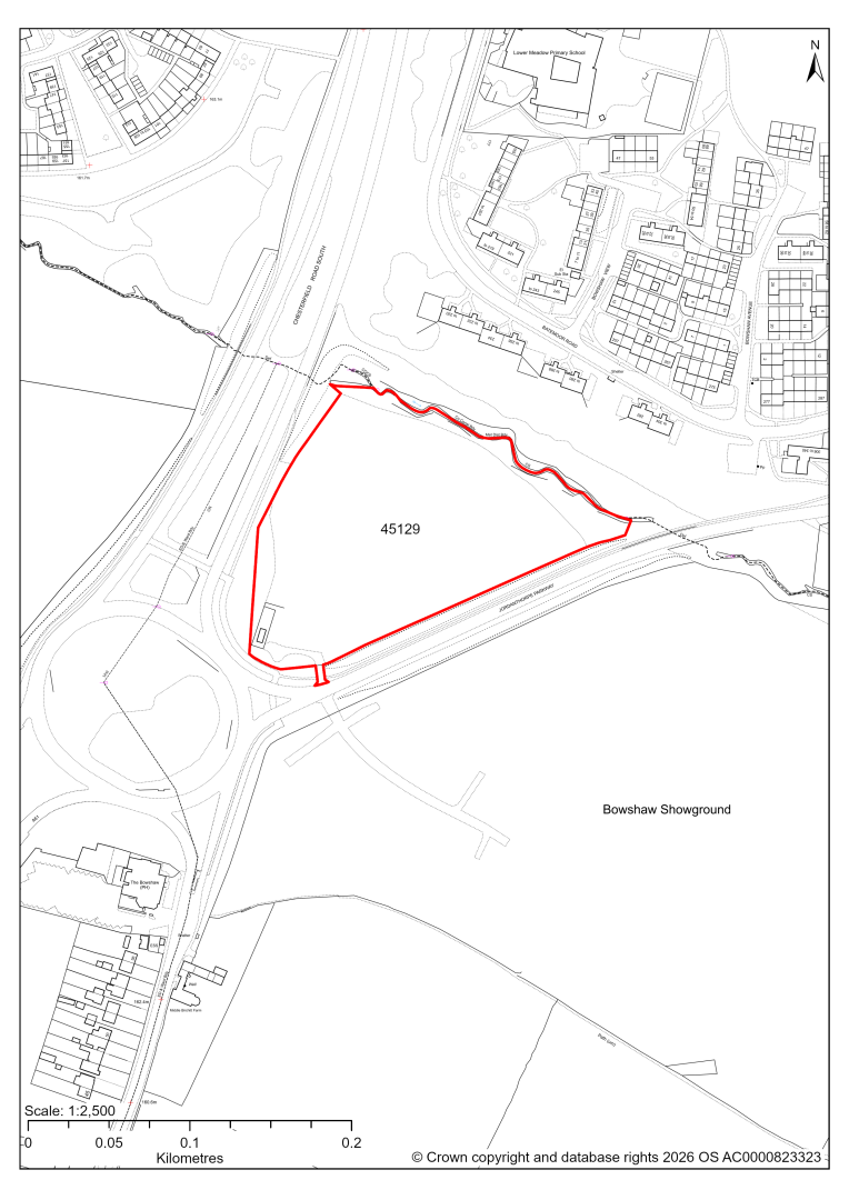 Map showing Site 45129, Land between Jordanthorpe Parkway (B6057) and Chesterfield Rd South (A61), Jordanthorpe, Sheffield