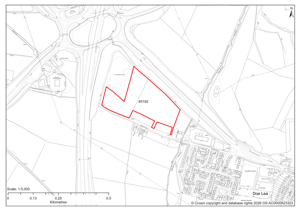 Map showing Site 45192, Land to north of Mansfield Road, Doe Lea