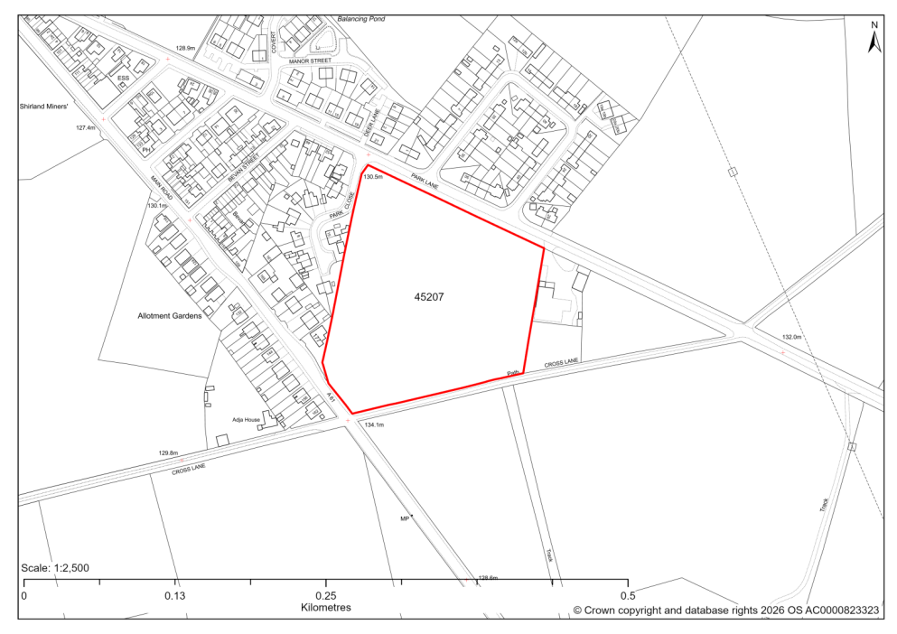 Map showing Site 45207, Land east of Park Close, Park Lane, Shirland, Alfreton, Derbyshire