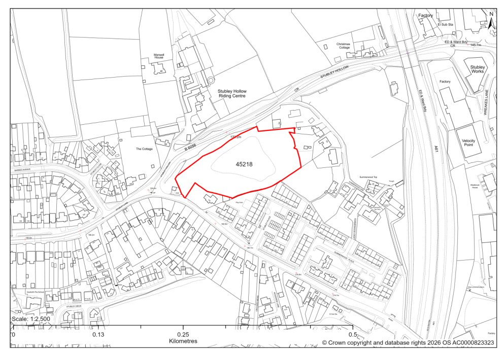 Map showing Site 45218, Land at Stubley Lane, Stubley Hollow, Dronfield