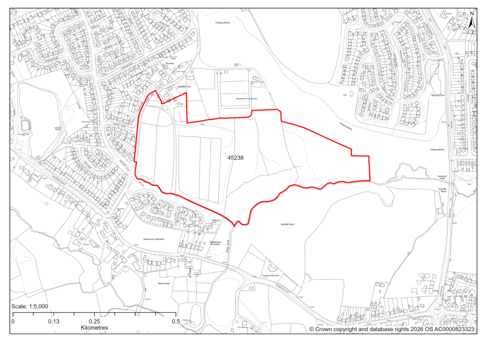 Map showing Site 45238, Land north of Spindle Drive and East Deerlands Road, Wingerworth