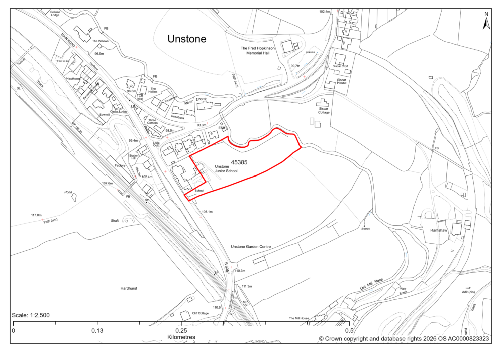 Map showing Site 45385, Land to the east of Unstone Junior School, Main Road, Unstone