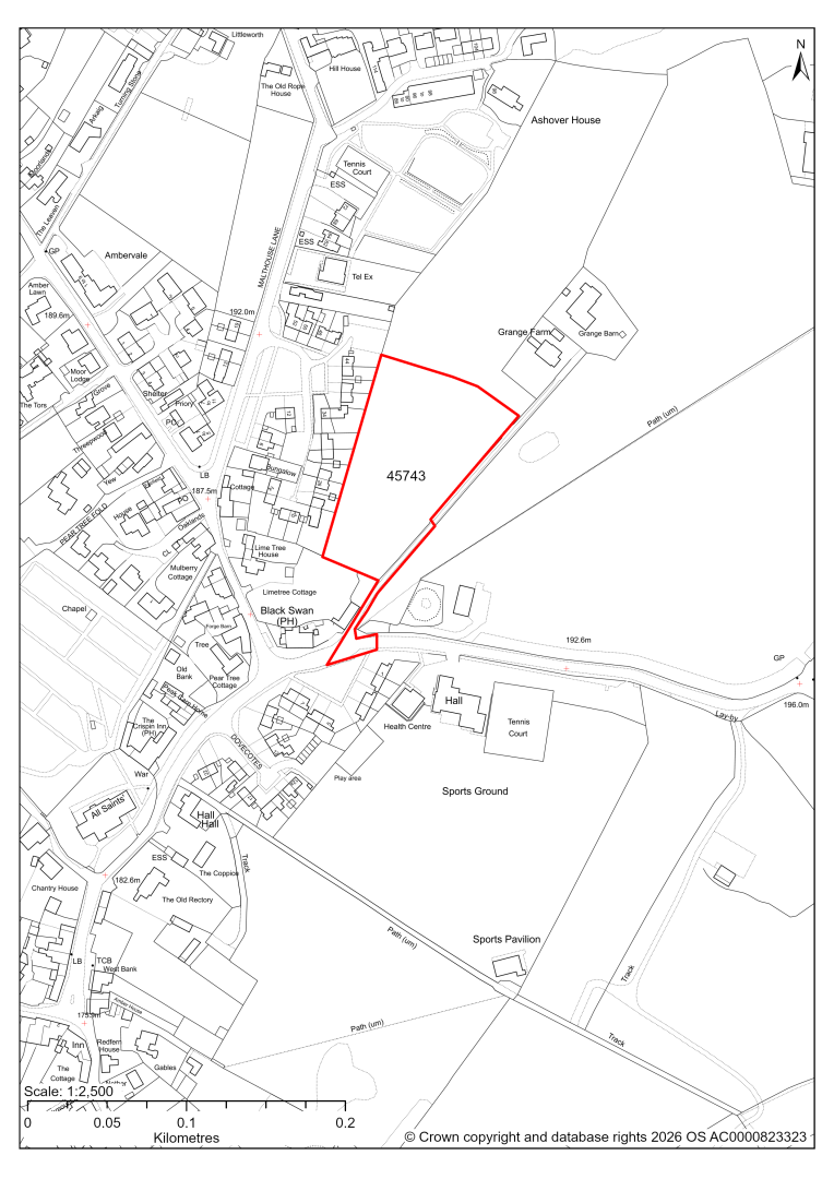 Map showing Site 45743, 19/00868/RM - Land South West of Grange Farm, Milken Lane, Ashover