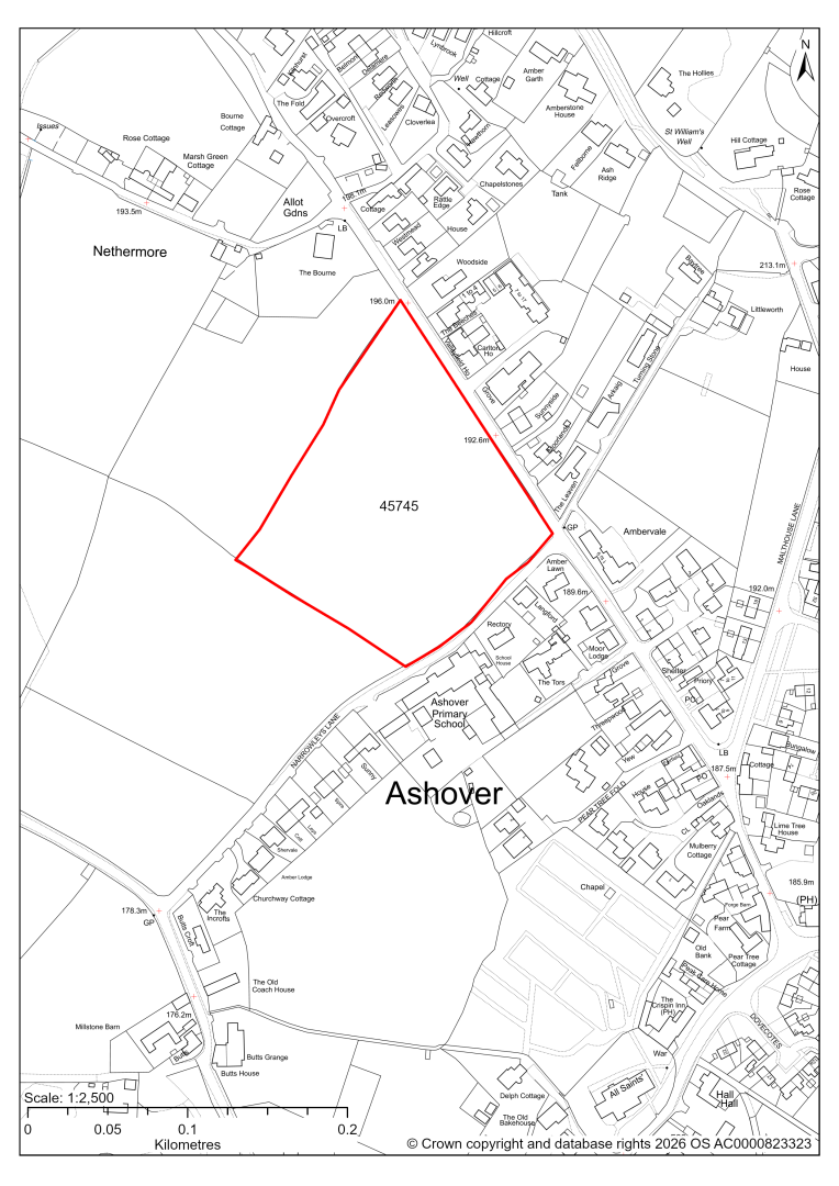 Map showing Site 45745, 17/00841/RM- Land At The Junction Of Narrowleys Lane And, Moor Road, Ashover