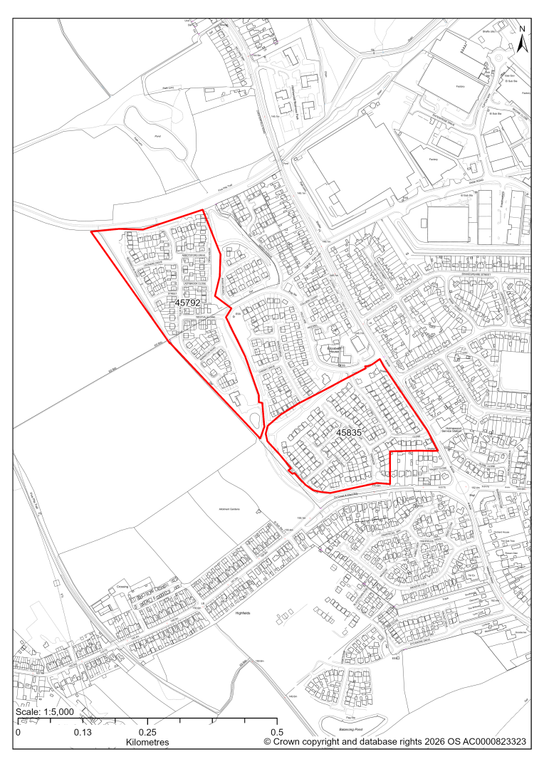Map showing Site 45792 and 45835 - Land On The West Side Of, Chesterfield Road, Holmewood