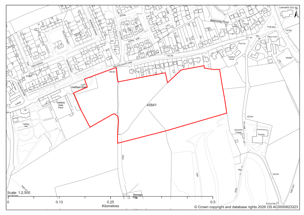 Map showing Site 45841, 19/00335/OL- Land to the south of, Hallfieldgate Lane, Shirland