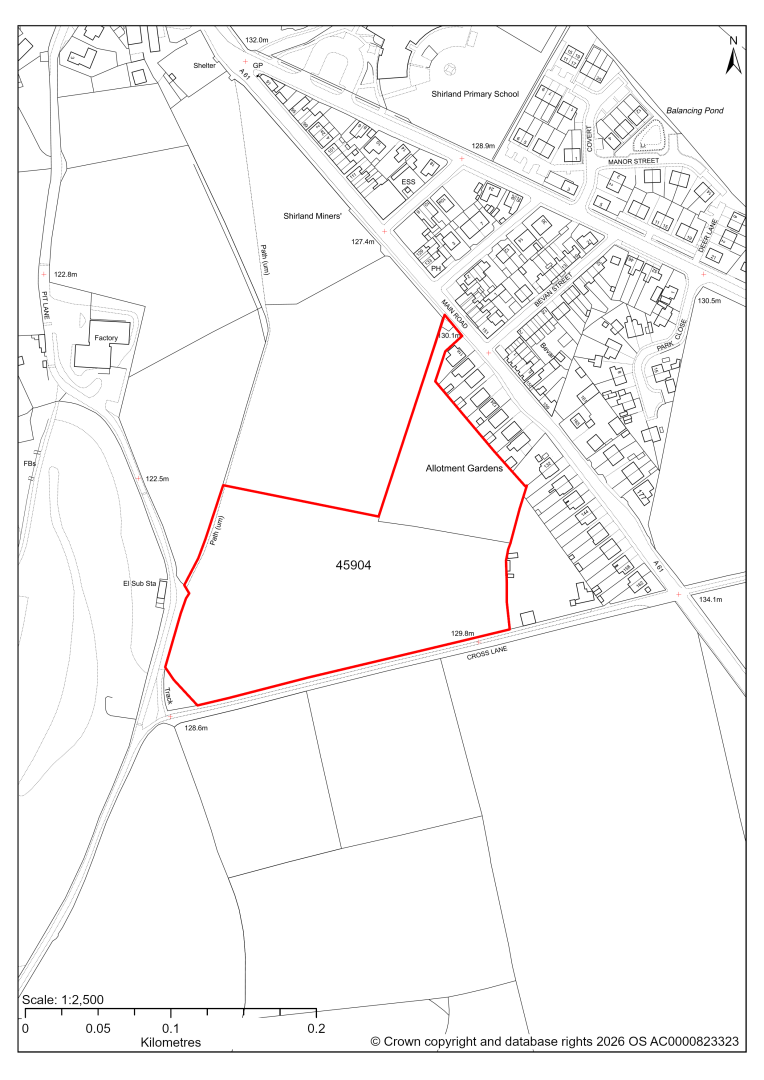 Map showing Site 45904, Land West of Main Road and North of Cross Lane, Shirland.
