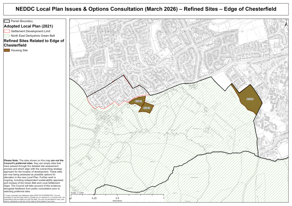 Map showing the sites on the edge of Chesterfield
