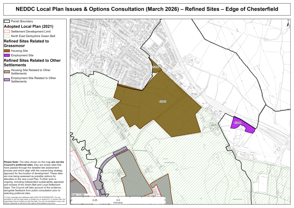 Map showing the sites on the edge of Chesterfield