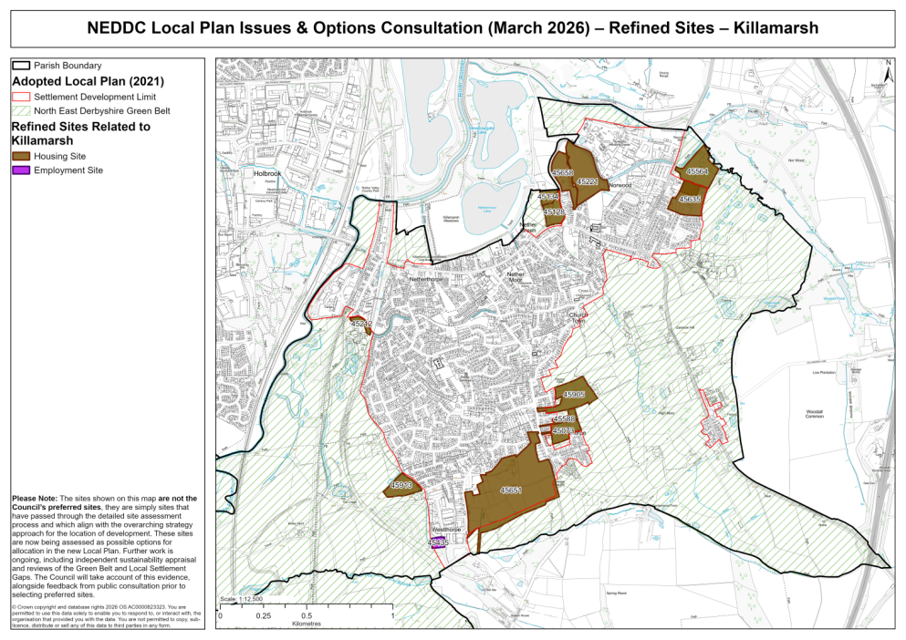 Map showing the sites related to Killamarsh