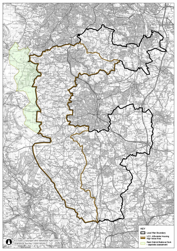 Map showing the NEDDC Local Plan boundary outlined in black, with the affordable housing  high value area outlined in brown.