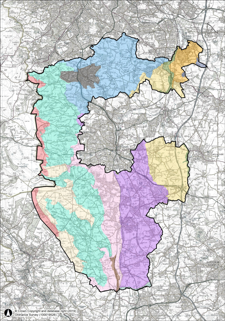 Map of North East Derbyshire showing the distribution of 12 landscape character types across the district. The western and south-western parts contain a mixture of enclosed moorland, enclosed moors and heaths, wooded slopes and valleys, wooded farmlands and riverside meadows. The northern and eastern parts contain wooded hills and valleys, estate farmlands, wooded farmlands, coalfield village farmlands, riverside meadows and urban areas. A small area of limestone farmland is shown in the north-east. The colours correspond to the landscape character types listed in Table 8.1.