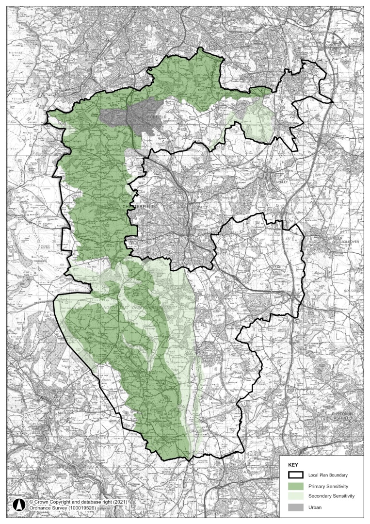 Map of North East Derbyshire showing Areas of Multiple Environmental Sensitivity. Primary sensitivity areas, shown in dark green, are concentrated across much of the western side of the district and extend through parts of the south-west. Secondary sensitivity areas, shown in pale green, occur mainly around and between the primary sensitivity areas, with smaller areas elsewhere in the district. Urban areas are shown in grey and the local authority boundary is outlined in black.