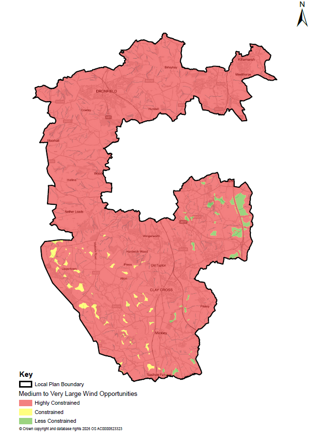 Map showing the level of constraint on opportunities for wind turbines more than 15 metres high across North East Derbyshire. Most of the district is categorised as highly constrained. Small, scattered areas categorised as constrained or less constrained occur mainly in the southern and eastern parts of the district, with a few isolated areas elsewhere. The Local Plan boundary is outlined in black and a north arrow is provided.