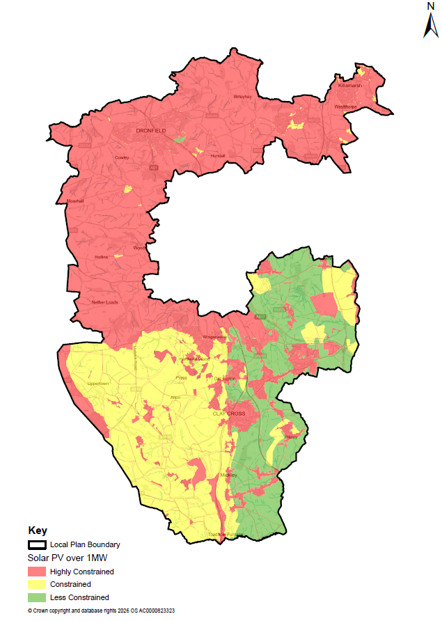 Map showing the level of constraint on opportunities for ground-mounted solar photovoltaic development with a generating capacity greater than one megawatt across North East Derbyshire. The northern and north-western parts of the district are predominantly highly constrained. Large areas in the south-west are constrained, while less constrained land is concentrated in the south-east and east. Smaller areas in each category are interspersed throughout the central and southern parts of the district. The Local Plan boundary is outlined in black and a north arrow is provided.