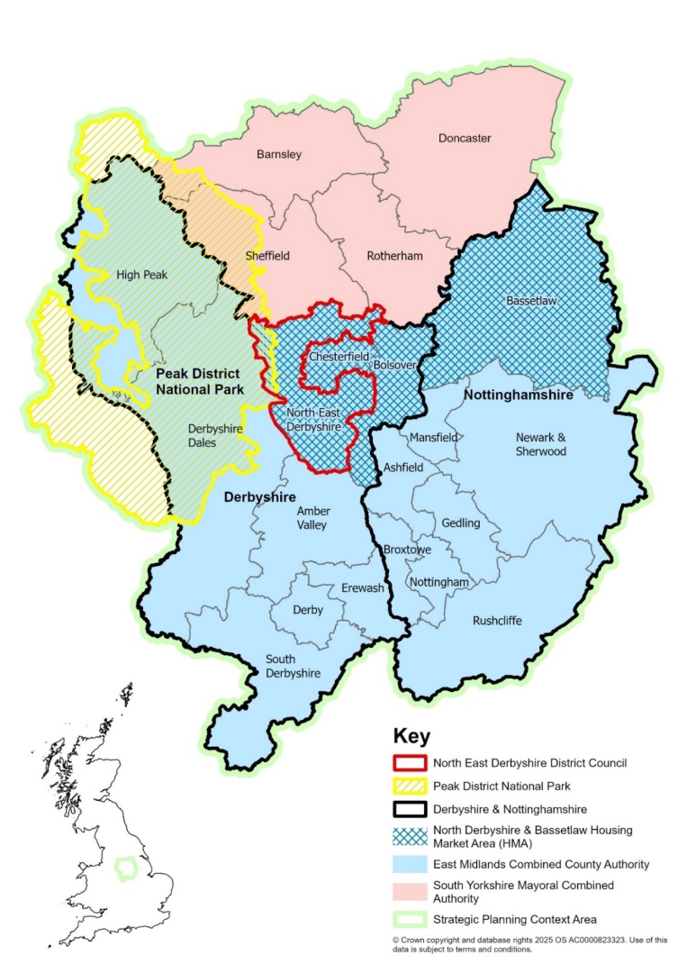 Map showing North East Derbyshire District, outlined in red, within the wider East Midlands and South Yorkshire area. The district surrounds Chesterfield and borders Sheffield, Rotherham, Bolsover, Amber Valley and Derbyshire Dales. The map also shows the Peak District National Park, neighbouring local authority boundaries, the North Derbyshire and Bassetlaw Housing Market Area, the East Midlands Combined County Authority area and the South Yorkshire Mayoral Combined Authority area. An inset map shows the area’s location within the United Kingdom.
