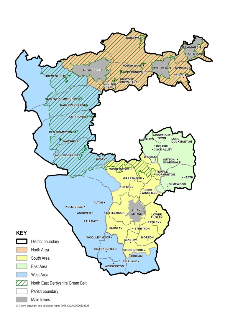 Map of North East Derbyshire District showing four distinct geographical areas. The Northern Area, shaded orange, includes Dronfield, Eckington and Killamarsh. The Southern Area, shaded yellow, includes Clay Cross, Tupton, Wingerworth, Grassmoor, North Wingfield, Pilsley, Stonebroom and Shirland. The Eastern Area, shaded green, includes Holmewood, Calow, Long Duckmanton, Heath and Temple Normanton. The Western Area, shaded blue, includes settlements such as Ashover, Holymoorside, Brampton, Cutthorpe and Barlow. Hatched areas identify the North East Derbyshire Green Belt. Parish boundaries, the district boundary and main towns are also shown.
