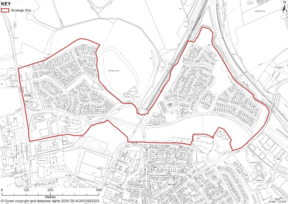 Map showing Biwaters strategic site outlined in red.