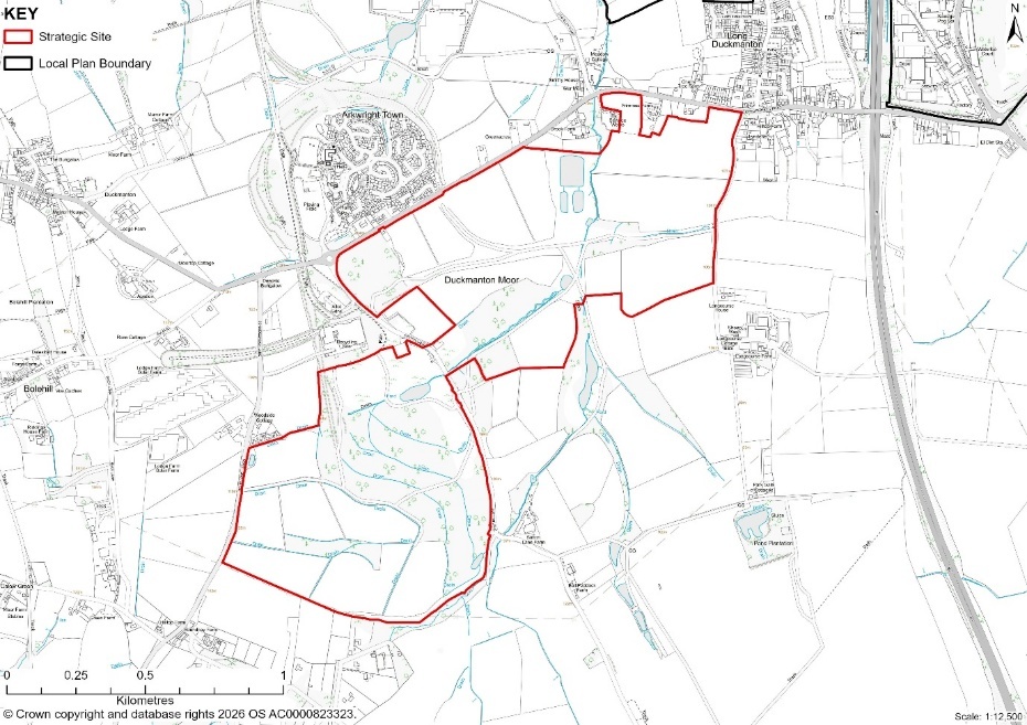 Map showing Duckmanton Moor strategic site outlined in red.