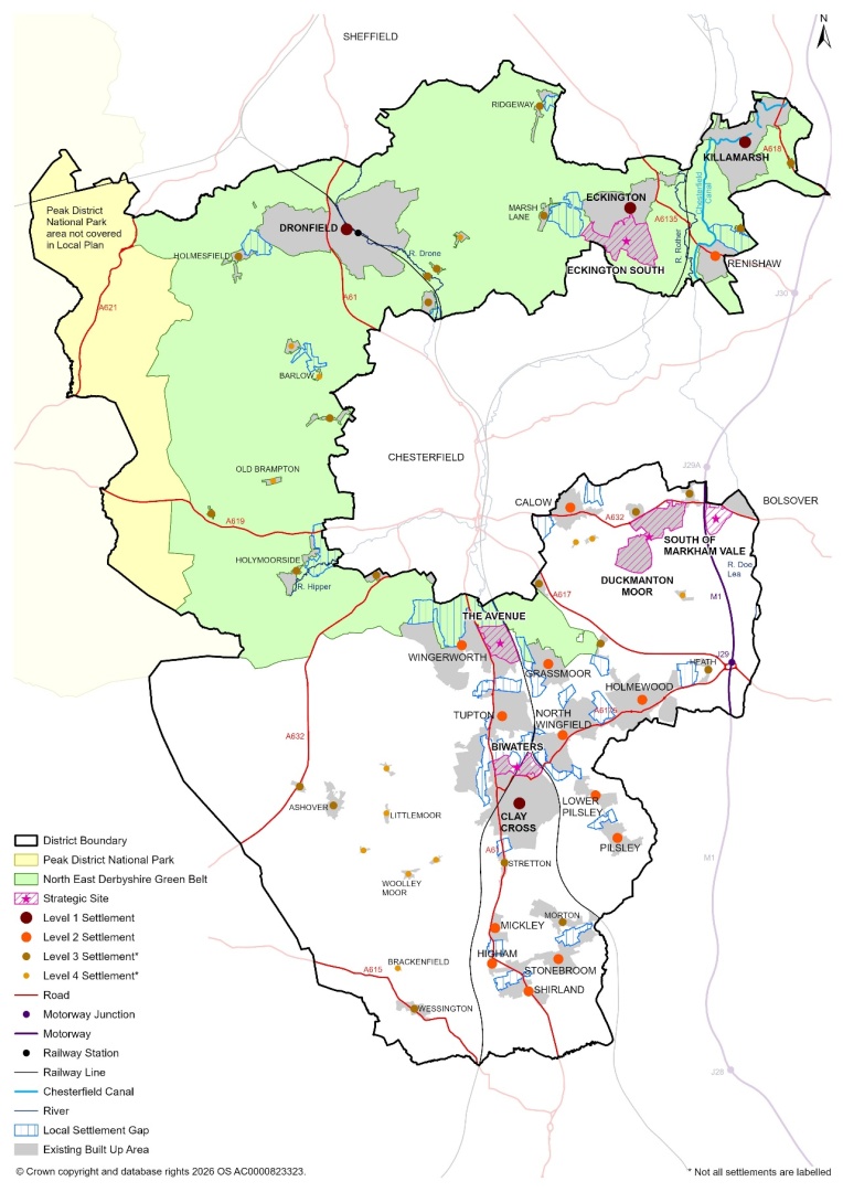 Key Diagram of North East Derbyshire showing the spatial strategy for the Local Plan. The map identifies the district boundary, areas of Green Belt, the Peak District National Park area not covered by the NEDDC Local Plan, existing built-up areas, strategic sites, local settlement gaps, main roads, motorway junctions, railway lines, railway station, rivers and the Chesterfield Canal. Strategic sites are shown at Eckington South, The Avenue, Biwaters, Duckmanton Moor and South of Markham Vale.